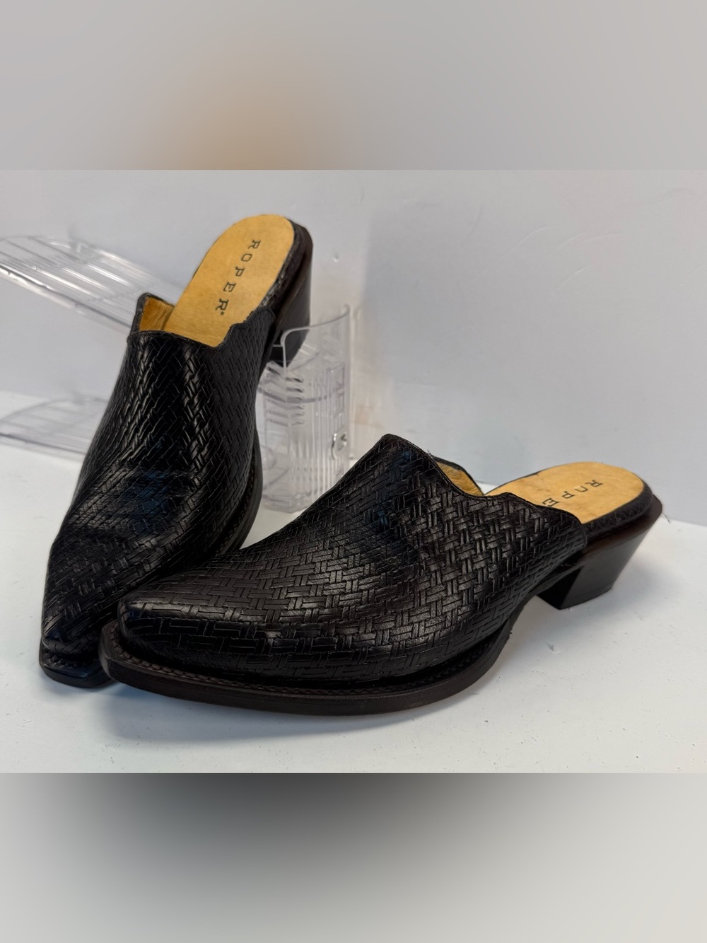 Roper women’s Black Woven Leather western Slip-On Mary Mules size 8.5